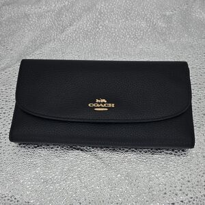 Coach Black Leather Checkbook Wallet Snap Closure Flap Envelope Tri-Fold Slim